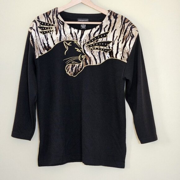 Nonpareil Top Womens L Leopard Animal Design 3/4 Sleeves Pullover Vintage 1980s - Picture 12 of 13